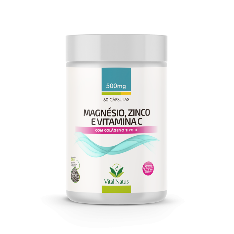 MAGNÉSIO, ZINCO E VITAMINA C, COM COLAGÉNO TIPO II 60caps 490mg