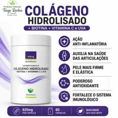Colágeno Hidrolisado + Biotina + Vitamina C e Semente de Uva 620mg 60cáps.