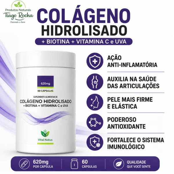 Colágeno Hidrolisado + Biotina + Vitamina C e Semente de Uva 620mg 60cáps.