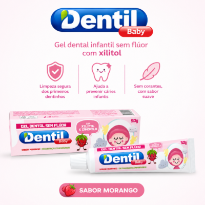 Gel Dental Sem Flúor Com Xilitol e Camomila sabor Morango 50g – DENTIL (Linha Infantil)