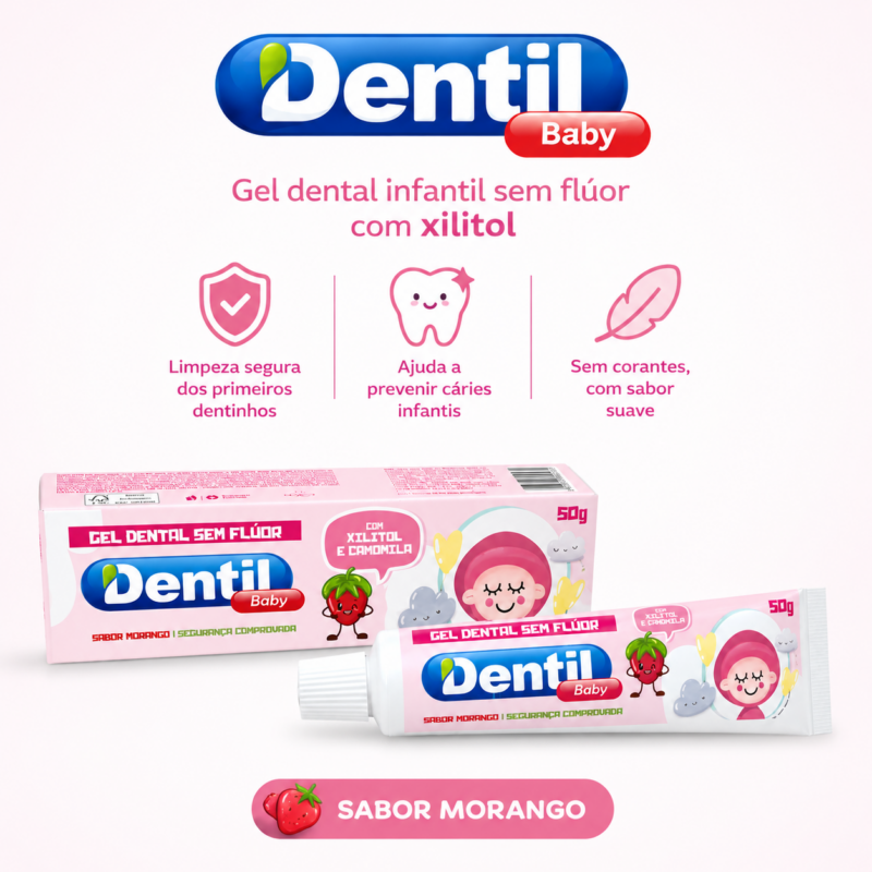 Gel Dental Sem Flúor Com Xilitol e Camomila sabor Morango 50g – DENTIL (Linha Infantil)