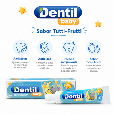Gel Dental Sem Flúor com Xilitol sabor Tutti-Frutti 50g – Dentil (Linha Infantil)