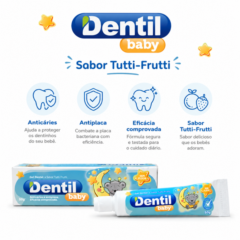 Gel Dental Sem Flúor com Xilitol sabor Tutti-Frutti 50g – Dentil (Linha Infantil)