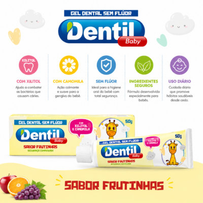 Gel Dental Sem Flúor Com Xilitol e Camomila sabor Frutinhas 50g – Dentil (Linha Infantil)